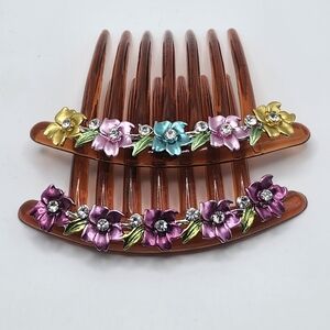 TWO (2) French Design MO T-01 ENAMEL FLOWERS with rhinestones large hair combs